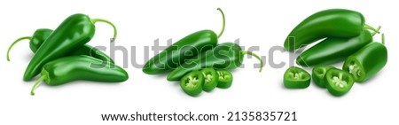 jalapeno peppers isolated on white background. Green chili pepper with clipping path and full depth of field. Set or collection