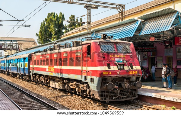 Jalgaon, India - February 8, 2018: Passenger train at Jalgaon Junction railway station. Indian Railways network spans 121,407 km of tracks