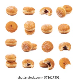 Jam filled doughnut isolated over the white background, set of multiple different foreshortenings and compositions