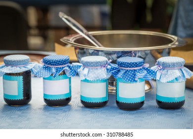 Jam Glasses With Clean Label And Blue Decoration