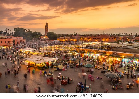 Jamaa el Fna market square, Marrakesh, Morocco, north Africa. Jemaa el-Fnaa, Djema el-Fna or Djemaa el-Fnaa is a famous square and market place in Marrakesh's medina quarter. Stock foto © 
