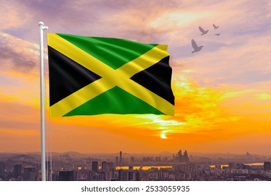 Jamaica flag waving isolated with city and sky background. Jamaica national flag for independence day .Jamaica sky with flying flag beauty. Jamaica flag for independence day.
 - Powered by Shutterstock