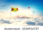 Jamaica national flag blowing in beautiful clouds with modern skyline buildings. The flag with hot air balloon in the sky. Jamaica national flag for independence day.