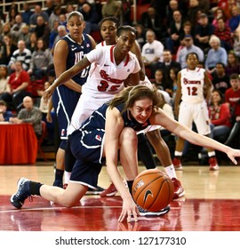 JAMAICA-FEB 2: Connecticut Huskies Forward Breanna Stewart (30) And St. John's Red Storm Guard Shenneika Smith (35) Battle For The Ball At Carnesecca Arena On February 2, 2013 In Jamaica, New York.