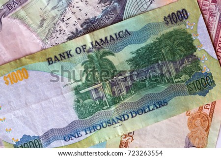 Jamaican dollar banknotes close up view