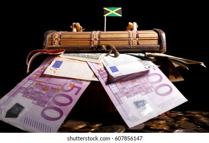 Jamaican Flag On Top Of Crate Full Of Money