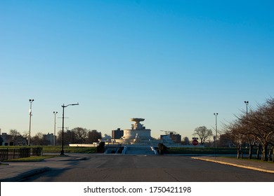 James Scott Memorial Fountain With No Water At Belle Isle State Park During COVID-19 Shutdown. Deep Blue Sky Behind Fountain Situated In Lower Third Of Photo. Popular Tourist Attraction At Belle Isle.