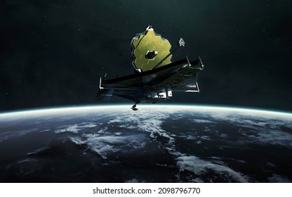 The James Webb telescope orbiting planet Earth. JWST launch art. Elements of image provided by Nasa