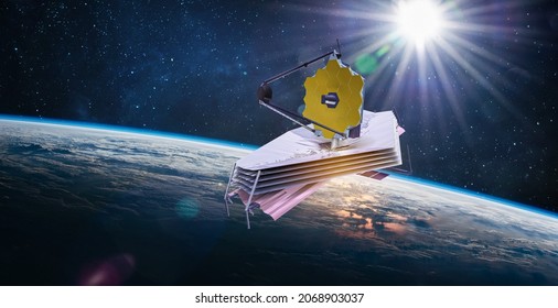 James Webb telescope in outer space on orbit of Earth. Planet surface and satellite. Elemets of thisd iamge furnished by NASA