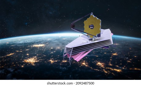 James Webb telescope in outer space on orbit of Earth at night. Planet surface and satellite. Elemets of thisd iamge furnished by NASA