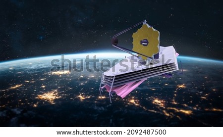 James Webb telescope in outer space on orbit of Earth at night. Planet surface and satellite. Elemets of thisd iamge furnished by NASA