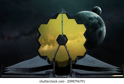 The James Webb telescope prepares to enter orbit L2. JWST launch art. Elements of image provided by Nasa
