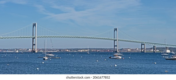 Jamestown, Rhode Island - October 21 2021: the Claiborne Pell Bridge, commonly known as the Newport Bridge, connects Jamestown to Newport.