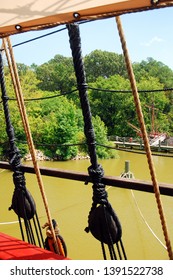 Jamestown, VA USA August 2 Pulleys And Rigging Frame A View From A Recreated 16th Century British Sailing Ship In Jamestown, Virginia