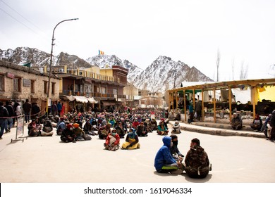 JAMMU KASHMIR, INDIA - MARCH 20 : Tibetans walking parade on the road for respect praying buddha chag tsel style in tibet ceremony festival in Leh ladakh on March 20, 2019 in Jammu and Kashmir, India
