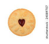 Jammy dodger biscuit with heart shaped center on white