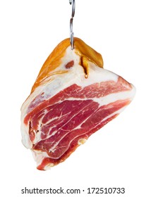 Jamon. Meat Is Hanging On Hook. Isolated