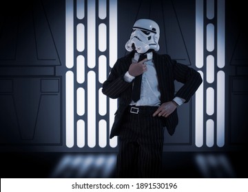 JAN 10 2021: Dapper Star Wars Stormtrooper in a suit and tie - custom action figure