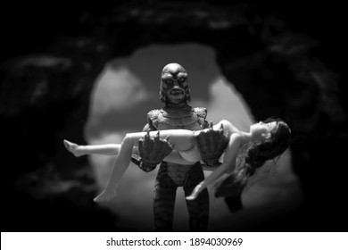 JAN 12 2021: Recreation Of The Movie Poster From A Creature From The Black Lagoon - Black And White - Mego Corporation Action Figures