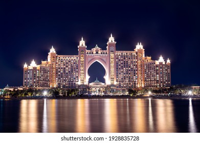 Jan 15th ,2021, Dubai,UAE.View of  The Atlantis Hotel with colorful reflection on water captured from The Pointe Palm Jumeirah. 