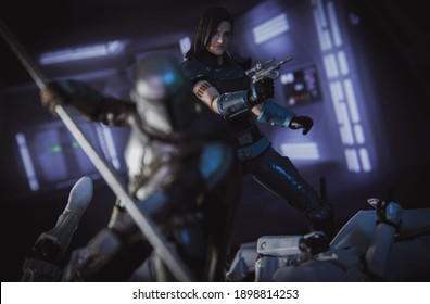 JAN 20 2021: Scene From Disney Plus Series The Mandalorian  Battling Stormtroopers With A Beskar Staff With Cara Dune In Focus - Hasbro Action Figure