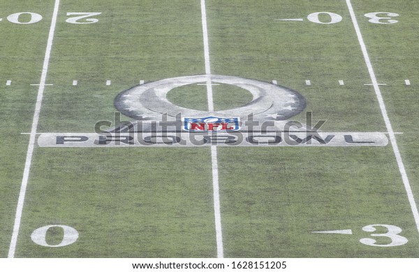 Jan 26, 2020;\
Orlando, FL USA; Overall view of the Pro Bowl logo at mid field\
during the Pro Bowl at Camping World Stadium in  Orlando, Fla.\
(Steve Jacobson/Image of\
Sport)