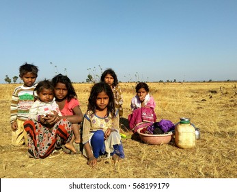 Jan 29, 2017, Samardha, Bhopal, India: Rural Happy Kids Sitting In The Bare Ground In Samardha Range, Outskirts Bhopal, India