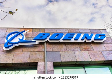 Jan 9, 2020 Menlo Park / CA / USA - Boeing sign at their office building housing the subsidiary Aurora Flight Sciences, which develops special-purpose Unmanned aerial vehicles; Silicon Valley
