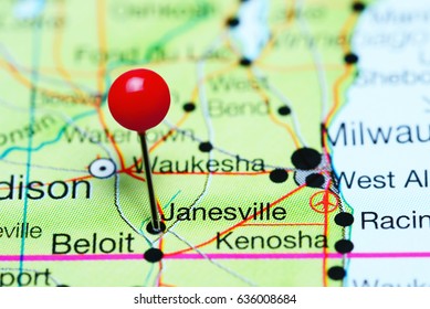 Janesville Pinned On A Map Of Wisconsin, USA
