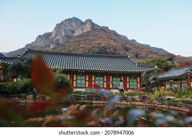 Jangseong-gun, Jeollanam-do, South Korea - November 6, 2021: Historical Asian Architecture Near The Mountain And Lake. Couple Walking Near Ancient Colorful Wooden Houses. Korean Traditional Landscape.