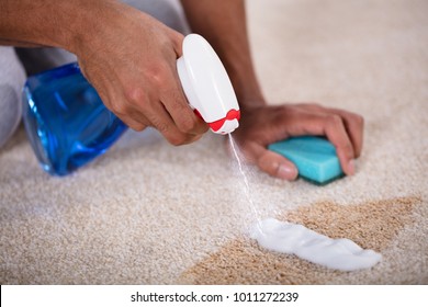 Janitor Cleaning Spilled Coffee On Carpet With Spray Bottle