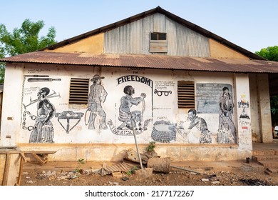 Janjanbureh, Gambia - May 24, 2022: Anti Slavery Painting On The Wall.