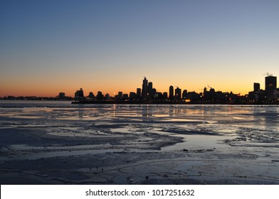 January 1, 2018 - Chicago Skyline Panoramic From The Navy Pier During The Sunset In The Winter Season.