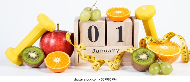 January 1 On Cube Calendar, Fresh Fruits, Dumbbells And Tape Measure, New Years Resolutions Of Healthy Lifestyle