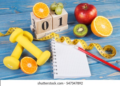 January 1 On Cube Calendar, Fresh Fruits, Dumbbells And Tape Measure, New Years Resolutions Of Healthy Lifestyle