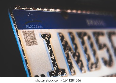 January 10, 2020, Brazil. Detail of the QR code on the new Mercosur vehicle license plate.
