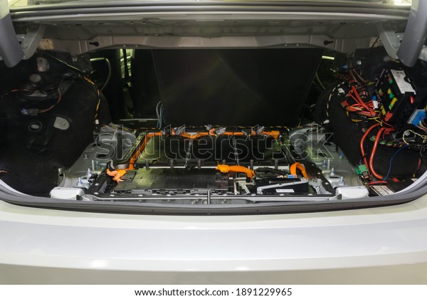 January 11,2021: lithium ion battery\
modules of electric car and cables to connect the\
circuit