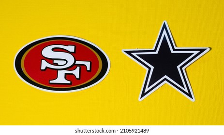 January 14, 2022. Arlington, Texas. The Emblems Of The Football Clubs Of The Playoffs Of The National Football League Season 2021 2022 San Francisco Forty Niners And Dallas Cowboys.