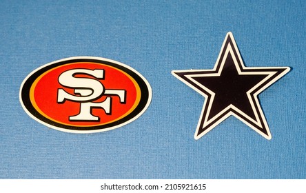 January 14, 2022. Arlington, Texas. The Emblems Of The Football Clubs Of The Playoffs Of The National Football League Season 2021 2022 San Francisco Forty Niners And Dallas Cowboys