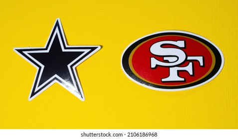 January 14, 2022. Arlington, Texas. The Emblems Of The Football Clubs Of The Playoffs Of The National Football League Season 20212022 San Francisco Forty Niners And Dallas Cowboys