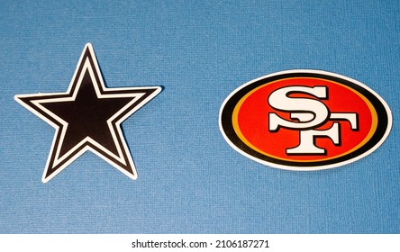 January 14, 2022. Arlington, Texas. The Emblems Of The Football Clubs Of The Playoffs Of The National Football League Season 20212022 San Francisco Forty Niners And Dallas Cowboys