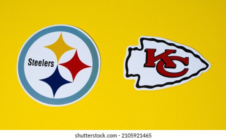 January 14, 2022. Kansas City, Missouri. The Emblems Of The Football Clubs Of The Playoffs Of The National Football League Season 2021 2022 Kansas City Chiefs And Pittsburgh Steelers