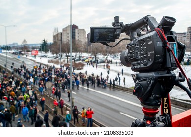 January 15, 2022, Belgrade, Serbia, Filming  With Sony Camera, Environmental Protesters Blocking The Highway. Protest Rio Tinto Company Intention To Mine Lithium In Serbia.