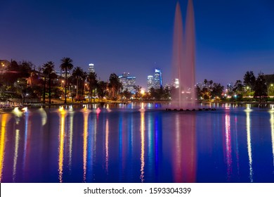 JANUARY 18, 2019 - LOS ANGELES, CALIFORNIA, USA - Echo Park, Los Angeles, California Features Fountain And Water Reflections Of LA Skyline