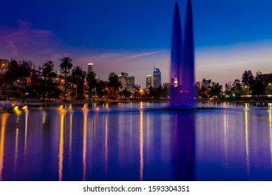 JANUARY 18, 2019 - LOS ANGELES, CALIFORNIA, USA - Echo Park, Los Angeles, California Features Fountain And Water Reflections Of LA Skyline