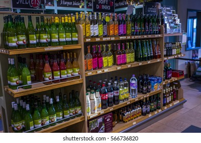 January 18th, 2017. Evesham, England, UK. Food Hall And Store, Grocers And Greengrocers With Food On Display In A Shopping Centre In The English Midlands. There Are No People In The Picture. Winter.