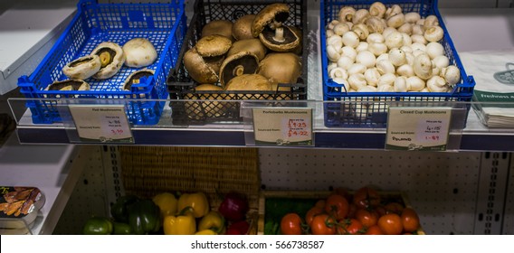 January 18th, 2017. Evesham, England, UK. Food Hall And Store, Grocers And Greengrocers With Food On Display In A Shopping Centre In The English Midlands. There Are No People In The Picture. Winter.