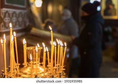 January 19, 2021 Balti Moldova Religious Holiday Of Baptism In The Church. Illustrative Editorial. Prayers In The Church Darkness By Candlelight.