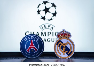 January 2, 2022 St. Petersburg, Russia. The emblems of the football clubs of the 18 finals of the UEFA Champions League Paris Saint-Germain F.C. and Real Madrid CF.