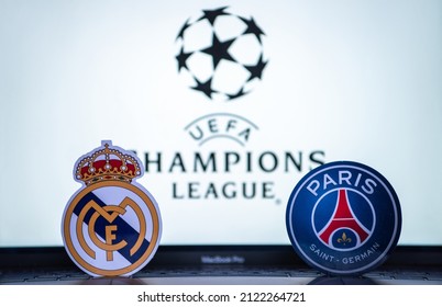 January 2, 2022 St. Petersburg, Russia. The emblems of the football clubs of the 18 finals of the UEFA Champions League Paris Saint-Germain F.C. and Real Madrid CF 